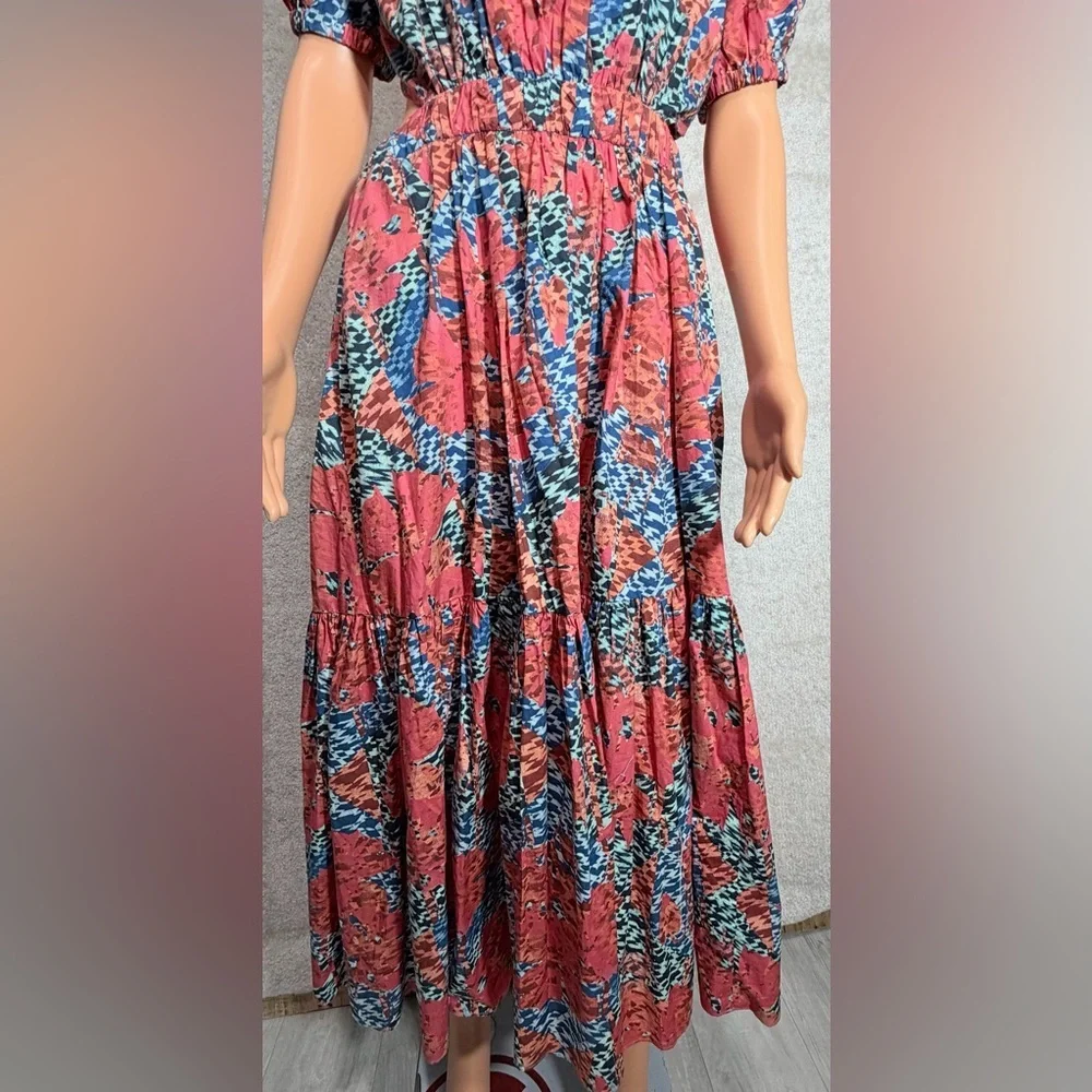 Ulla Johnson Coral and Blue Asymmetrical Floral Midi Dress - Picture 10 of 16